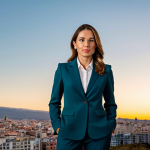 **

"A professional businesswoman in a stylish, fully clothed pantsuit stands confidently in front of the Madrid skyline at sunset. Modern architecture in the background. Appropriate attire, safe for work, perfect anatomy, natural proportions, professional photography, high quality, modest clothing."

**