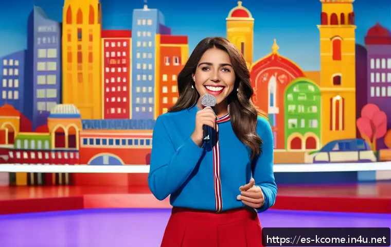 김지호 개그맨으로서의 전환점 - A vibrant image of a young female comedian performing on a brightly lit Spanish television variety s...