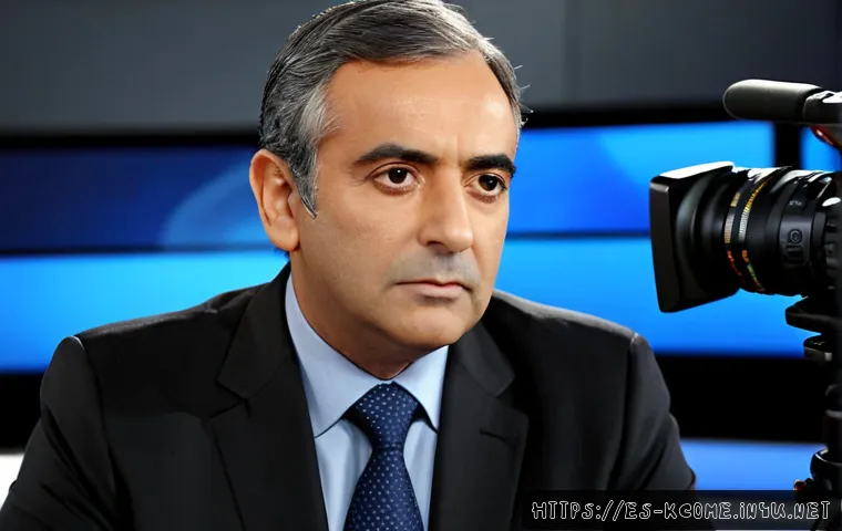 강호동 사건사고 - Photorealistic Spanish television news studio, a fictional middle-aged male presenter in a dark suit...