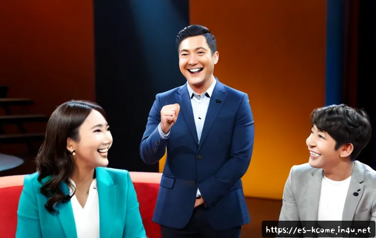 Home 15 문세윤 인기 예능 - Photorealistic Spanish-language television variety show set, a cheerful Korean male comedian in a br...